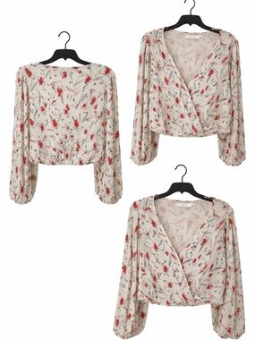 Astr Floral Wrap Crop Blouse - Cream with Red Floral